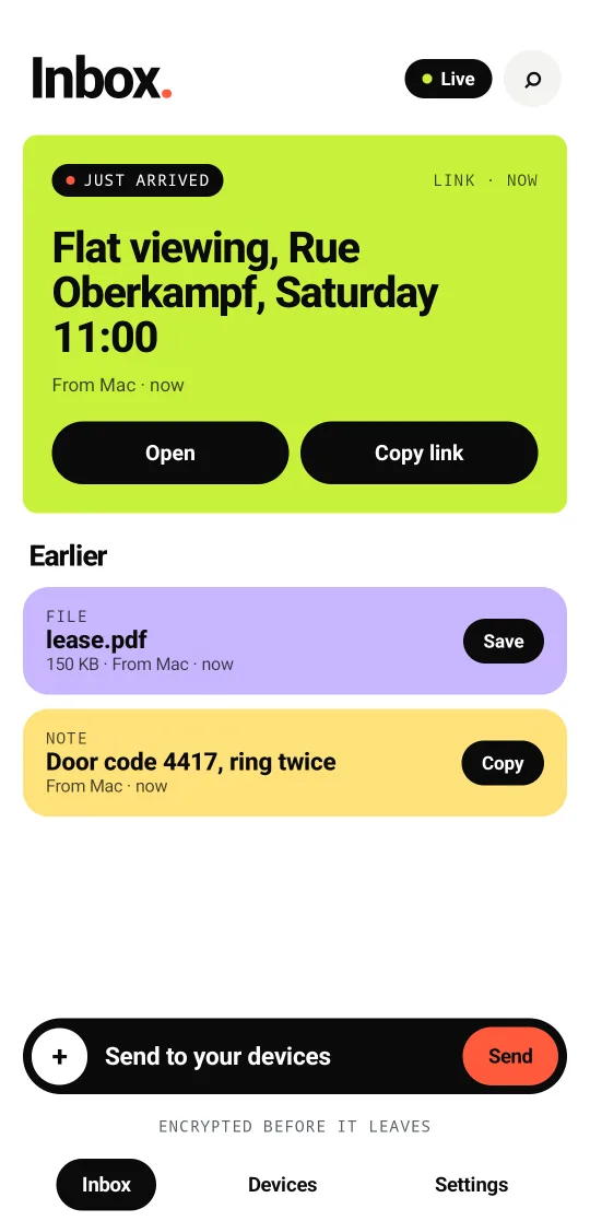 The Flitdot Android app's inbox: a link that just arrived from a Mac shown big with Open and Copy link, then a PDF and a note under Earlier.