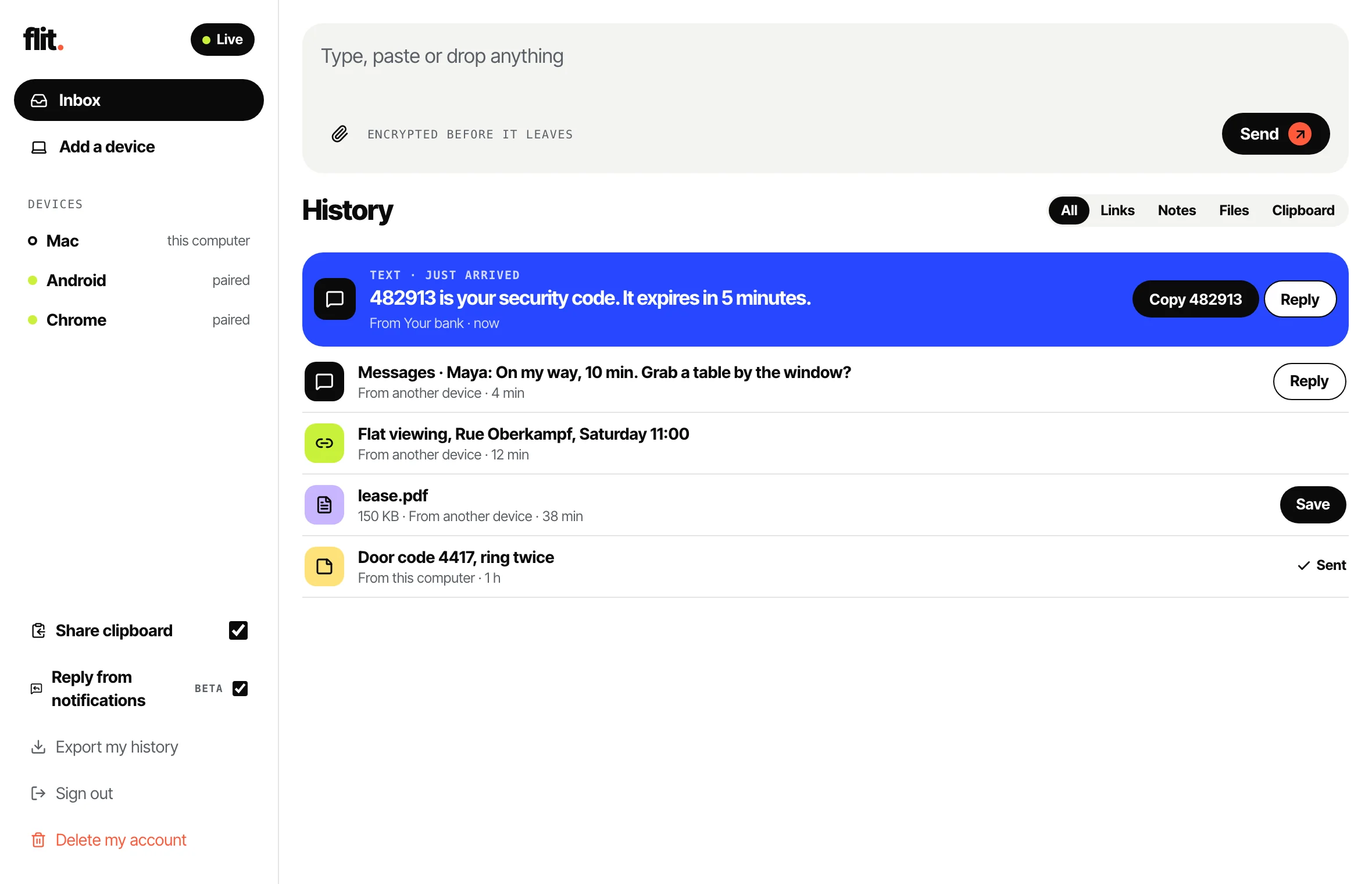 The Flitdot desktop app: the devices in the sidebar, and the inbox with a one-time code, a chat with a reply button, a link, a file and a sent note.
