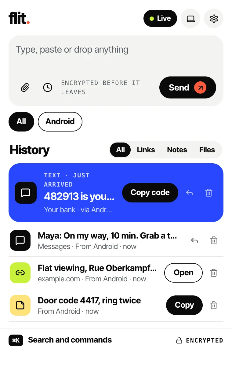 The Flitdot extension's inbox: a one-time code that just arrived by text, a chat with a reply button, a link and a note, all from an Android phone.
